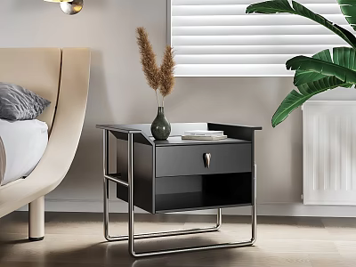 Modern Black Nightstand With Metal Frame Holding Vase Dried Pampas Grass And Book 3d model