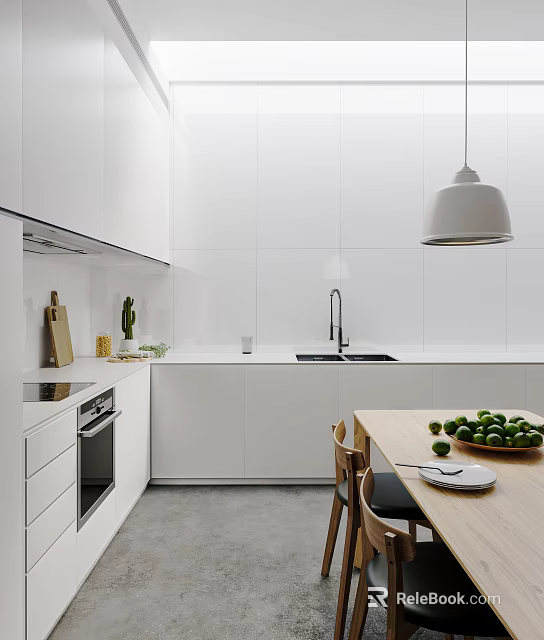 Minimalist Modern Kitchen Interior With White Cabinets Walls Pendant Light Wooden Table And Green Fruits 3d model 