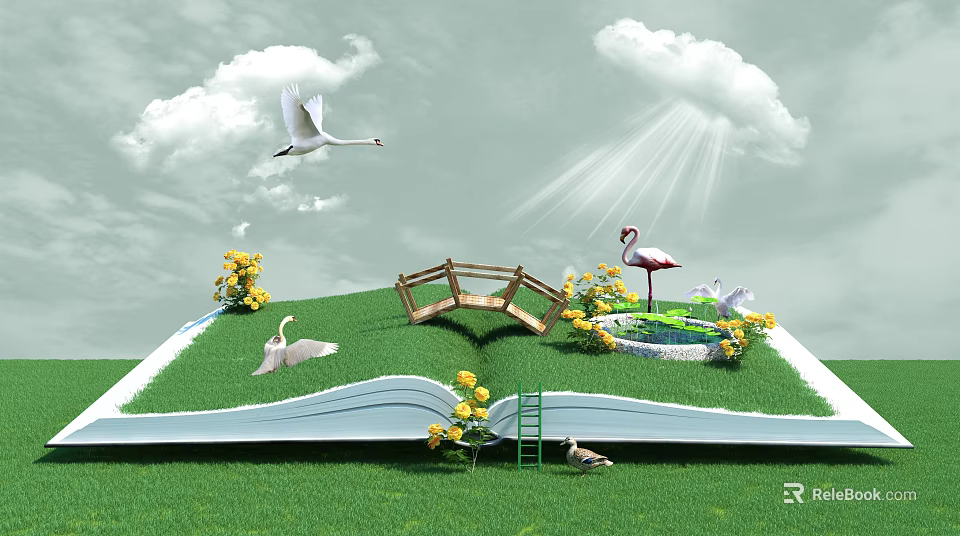 Cartoon Scene Featuring Open Book Green Grass Wooden Bridge Flamingo Swans And Sunlight 3d model 
