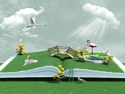 Cartoon Scene Featuring Open Book Green Grass Wooden Bridge Flamingo Swans And Sunlight 3d model
