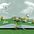 Cartoon Scene Featuring Open Book Green Grass Wooden Bridge Flamingo Swans And Sunlight