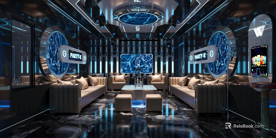 Luxury Modern KTV Party Interior With Large Screen Sofas And Round Decorative Screens 3d model 