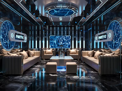 Luxury Modern KTV Party Interior With Large Screen Sofas And Round Decorative Screens 3d model