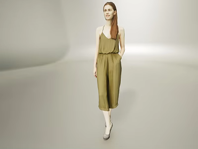 Woman Wearing Olive Green Sleeveless Jumpsuit Walking on Minimalist Gray Background with Long Hair 3d model