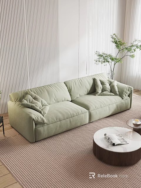 Light Green Fabric Two Seater Sofa in Modern Living Room with Plant Rug Coffee Table 3d model 