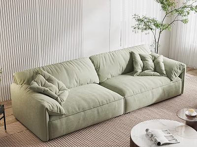 Light Green Fabric Two Seater Sofa in Modern Living Room with Plant Rug Coffee Table 3d model