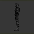 Futuristic Game Movie Character in Dark Armor with Green Glowing Helmet and Sci Fi Gear
