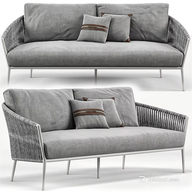 Modern Gray Fabric Sofa With Decorative Pillows Woven Armrests And Metal Frame 3d model 