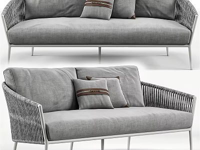 Modern Gray Fabric Sofa With Decorative Pillows Woven Armrests And Metal Frame 3d model