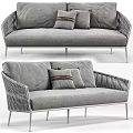 Modern Gray Fabric Sofa With Decorative Pillows Woven Armrests And Metal Frame