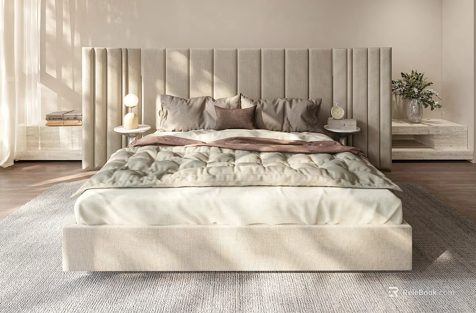 Modern Cream Colored Double Bed With Tufted Headboard Pillows And Side Nightstands 3d model 