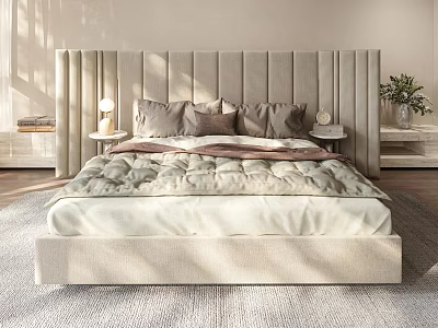 Modern Cream Colored Double Bed With Tufted Headboard Pillows And Side Nightstands 3d model