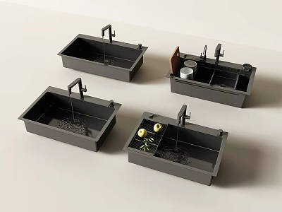 Black Modern Kitchen Sinks With Faucets And Vegetable Fruit In Basin 3d model