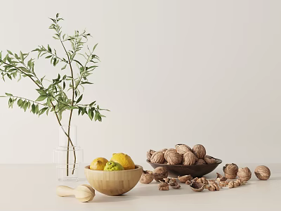 Decorative Ornament Collection Including Willow Twigs Glass Vase Wooden Bowl Lemons Walnuts And Nut Shells 3d model
