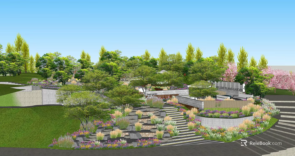 Beautiful Yard Garden Design With Lush Trees Green Lawn Stone Steps And Colorful Flower Beds 3d model 