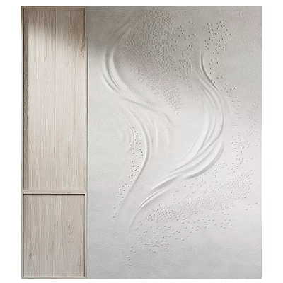 White Textured Background Wall With Wavy Patterns And Dotted Details And Wooden Panel Accent 3d model