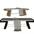 Modern Bench With Wooden Frame Metal Legs And Grey Decorative Blanket
