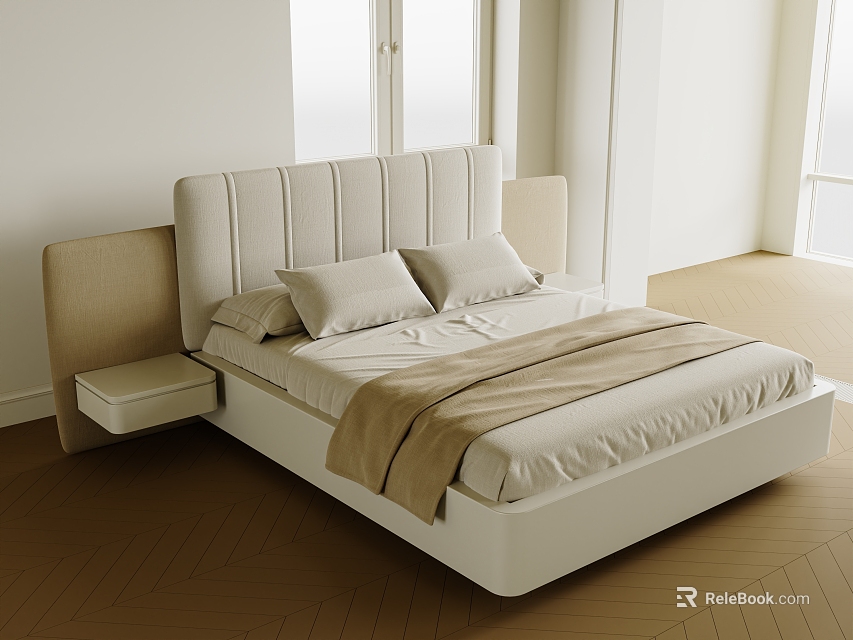 Modern Double Bed Featuring Upholstered Headboard Light Colored Bedding and Bedside Table 3d model 