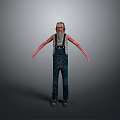 Man with green hair red eyes wearing gray tank top overalls standing against gray background