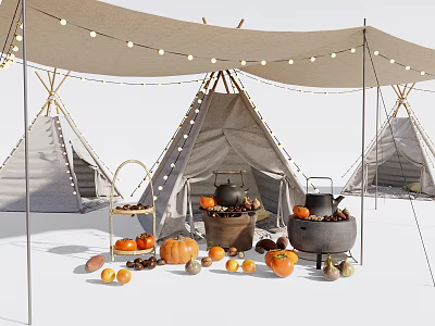 Tepee Tents Outdoor Camping Scene With String Lights Pumpkins Clay Pots And Nuts 3d model
