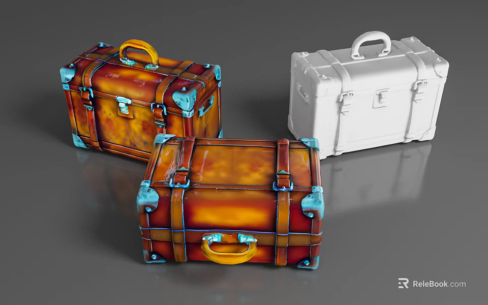 Vintage Retro Luggage Cases with Orange White Hues Blue Corners Yellow Handles 3d model 