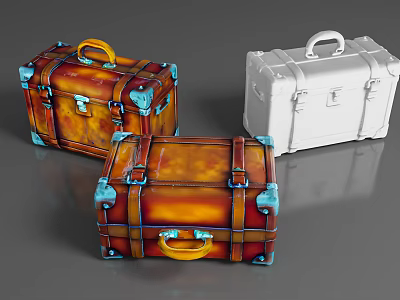 Vintage Retro Luggage Cases with Orange White Hues Blue Corners Yellow Handles 3d model