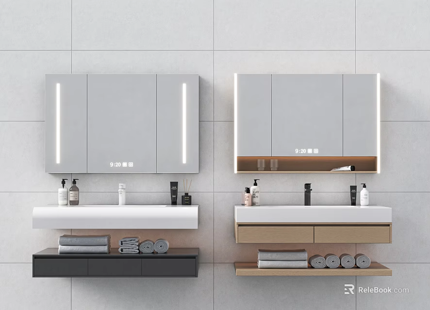 Modern Bathroom Vanity With Lighted Mirror Cabinet Countertop Toiletries Shelf Towels And Toilet Paper Rolls 3d model 