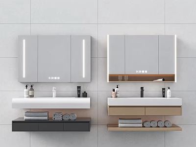 Modern Bathroom Vanity With Lighted Mirror Cabinet Countertop Toiletries Shelf Towels And Toilet Paper Rolls 3d model