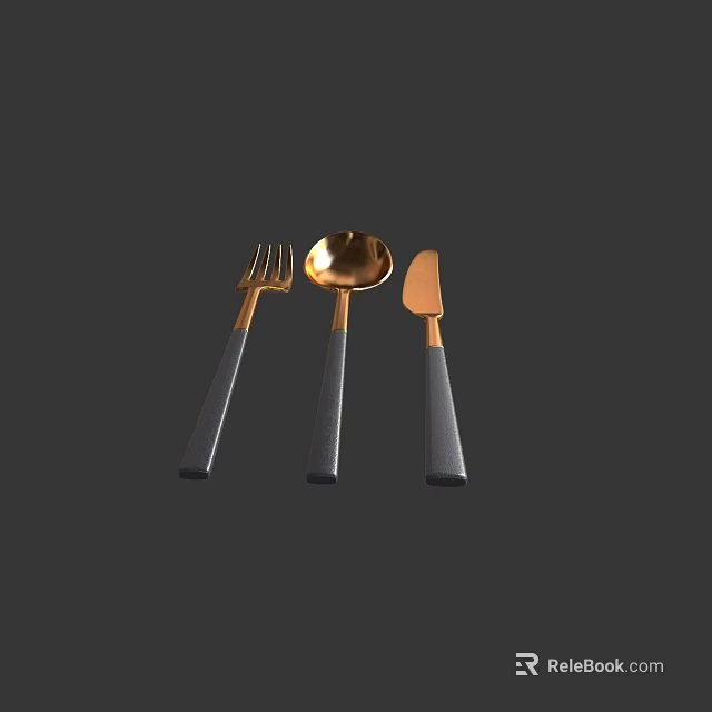 Modern Cutlery Set With Gold Heads And Black Handles Including Fork Spoon Knife 3d model 