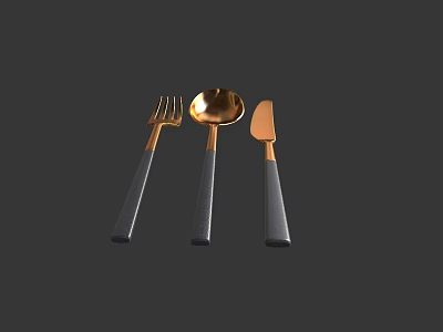 Modern Cutlery Set With Gold Heads And Black Handles Including Fork Spoon Knife 3d model