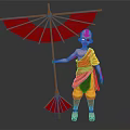 Young Monk Character In Orange Yellow Robe Holding Red Umbrella On Gray Background
