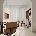 Modern Minimalist Living and Dining Room with Dark TV Stand Brown Bookshelf and Arched Doorway