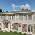 Two Story Detached Villa With Gray Roof Stone Wood Exterior Green Lawn And Trees