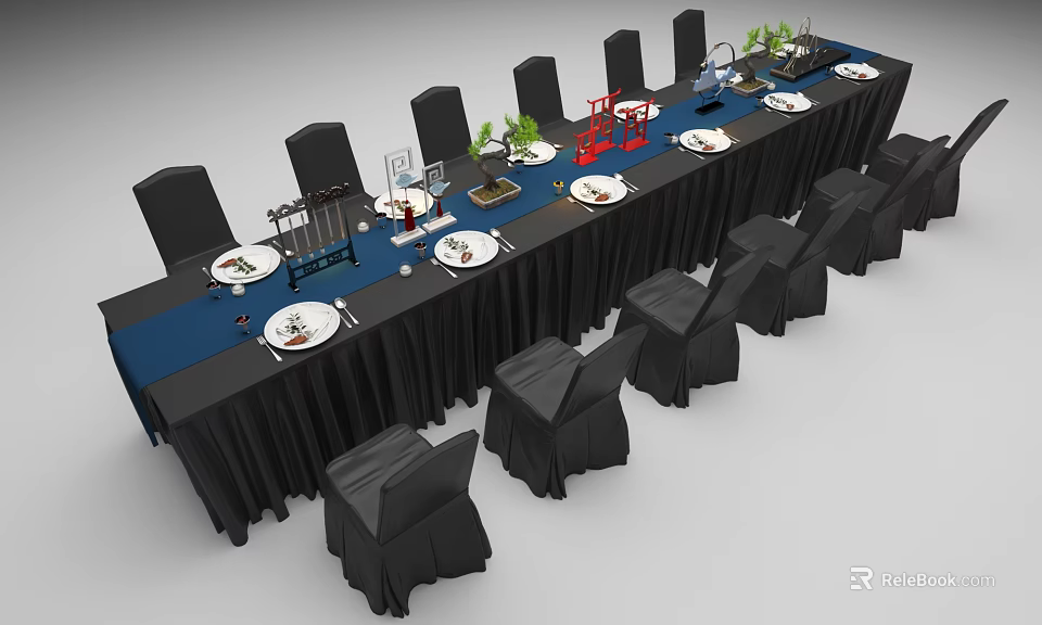 Long Dining Table Set With Black Chairs Blue Tablecloth Green Plants And Tableware Decorations 3d model 