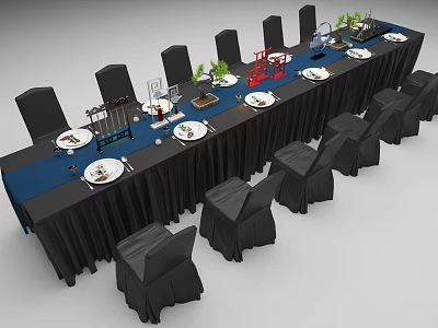 Long Dining Table Set With Black Chairs Blue Tablecloth Green Plants And Tableware Decorations 3d model