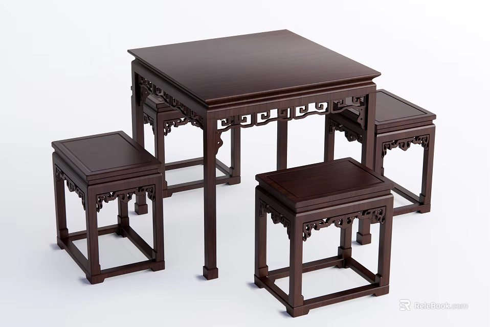 Traditional Chinese Solid Wood Dining Table Set With Square Top And Carved Stools 3d model