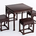 Traditional Chinese Solid Wood Dining Table Set With Square Top And Carved Stools 3d model