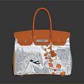 Stylish Orange And Gray Leather Handbag With Decorative Pattern And Top Handles
