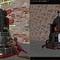 Steampunk Art Installation With Black Body Red Lights Glowing Core And Brick Wall Background
