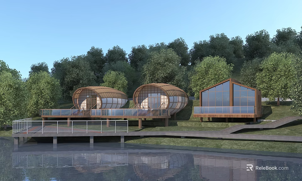 Modern Lakeside Wooden Houses With Large Windows Wooden Deck And Surrounding Trees 3d model 