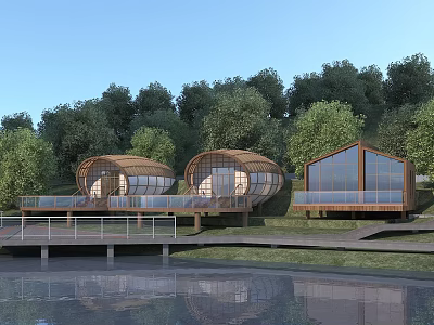 Modern Lakeside Wooden Houses With Large Windows Wooden Deck And Surrounding Trees 3d model