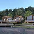 Modern Lakeside Wooden Houses With Large Windows Wooden Deck And Surrounding Trees