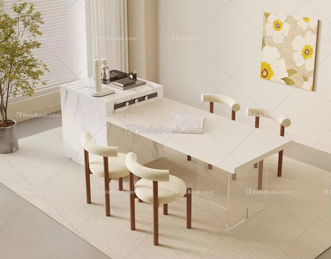 Cream wind island table and chair open table decoration painting 3d model