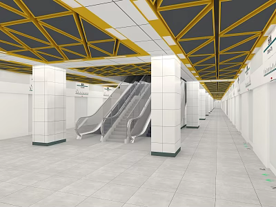 Modern Subway Station Interior With Escalators White Pillars And Geometric Ceiling 3d model