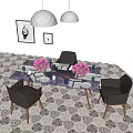 Modern Dining Table Set With Black Chairs Pendant Lights Wall Art And Flower Vases