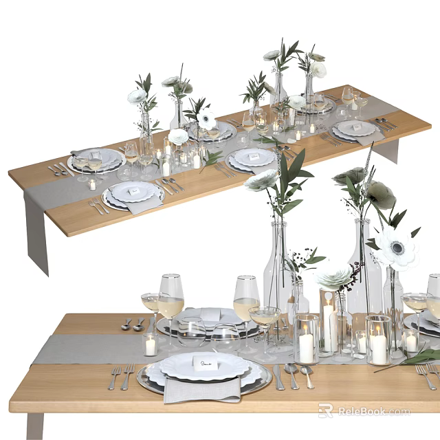 Elegant Dinnerware Set For Sophisticated Dining Table Setting With Vases Candles And Greenery 3d model 