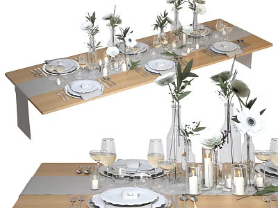 Elegant Dinnerware Set For Sophisticated Dining Table Setting With Vases Candles And Greenery 3d model