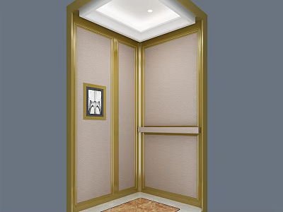 Elevator Interior Design With Golden Frame Beige Walls Handrail And Lighting 3d model
