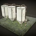 Industrial Facility Model With Three Storage Tanks Pipes Pumps And Railing Platform