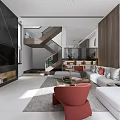 Modern Duplex Living Room Interior With TV Fireplace Staircase White Sofa And Red Chairs